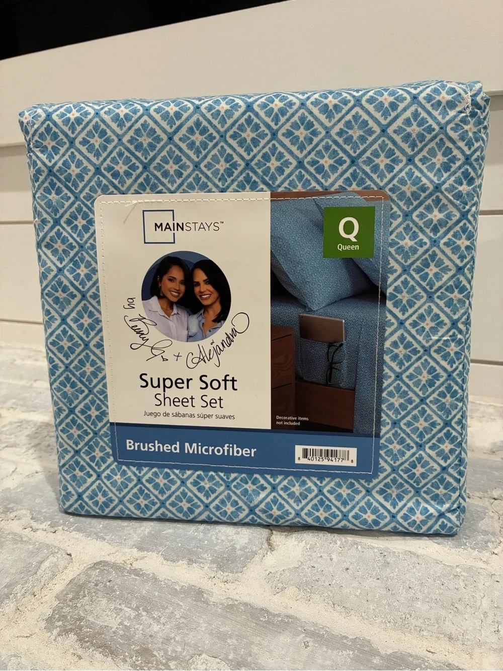 Mainstays Blue and White Diamond Print Microfiber Sheet Set